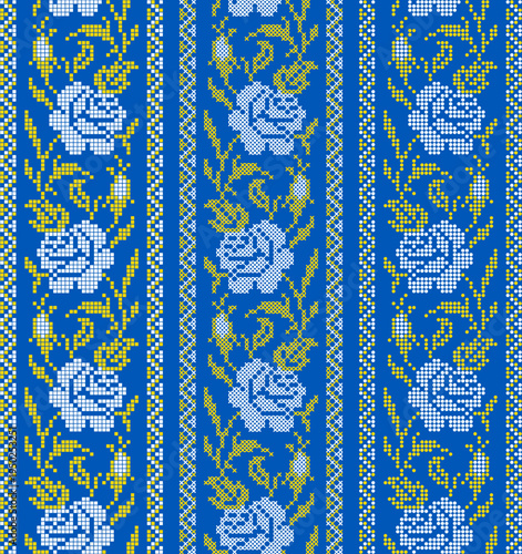 Ukrainian vyshyvanka embroidery seamless vector set with traditional folk floral ornament. Yellow and blue ethnic textile pattern with flowers, branches and leaves
