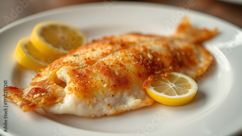 plaice. Golden-brown fried plaice fillet with lemon on white plate. menu design, packaging mockups, recipe cards, designed for food delivery and cloud-kitchen brand materials, used by chefs.