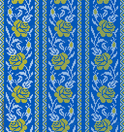 Ukrainian vyshyvanka embroidery seamless vector set with traditional folk floral ornament. Yellow and blue ethnic textile pattern with flowers, branches and leaves