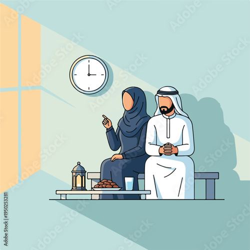 Couple in traditional attire sitting together during iftar meal