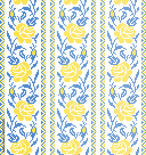 Ukrainian vyshyvanka embroidery seamless vector set with traditional folk floral ornament. Yellow and blue ethnic textile pattern with flowers, branches and leaves