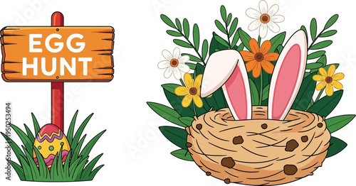 Easter eggs vector illustration with bunny ears and egg hunt sign