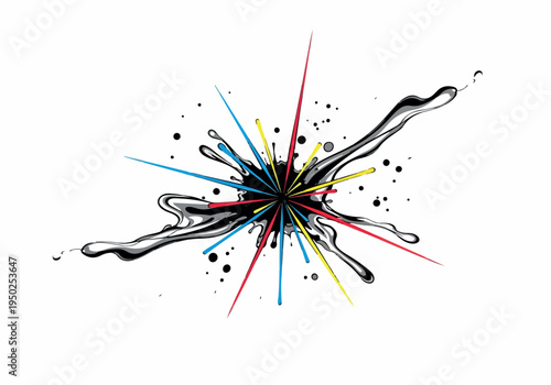 Explosive burst of vibrant colors and black ink splashes creating a dynamic, abstract energetic explosion on a white background