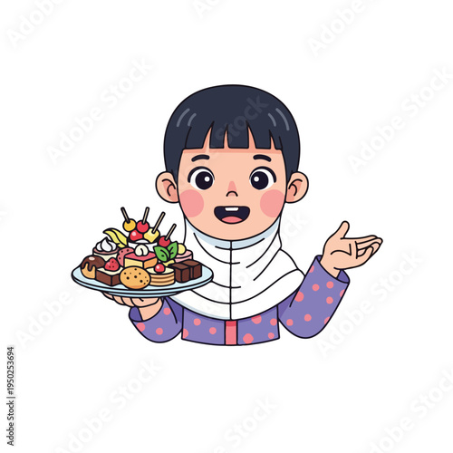 Asian child happily presenting a plate of assorted sushi rolls and sashimi