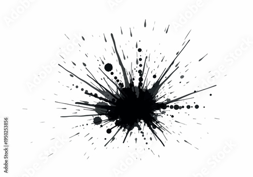 A vibrant black ink splatterburst creating a dynamic explosion of dots and lines on a clean white background, perfect for artistic projects