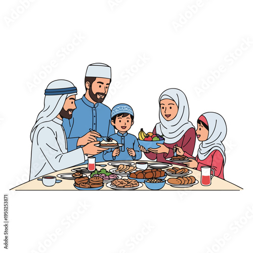 Muslim family gathering around table for iftar meal during ramadan