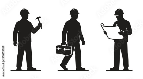 Construction worker silhouettes with tools and blueprints