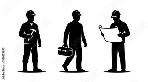 Construction workers silhouettes with tools and blueprint