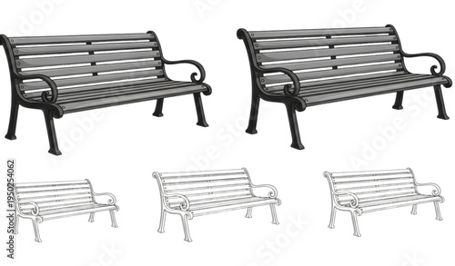 A set of vector illustrations of park benches in different designs