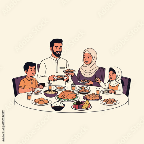 Muslim family sharing a meal together on dining table at home