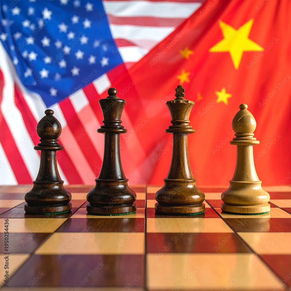 Obraz premium A chessboard with four chess pieces in front of US and Chinese flags