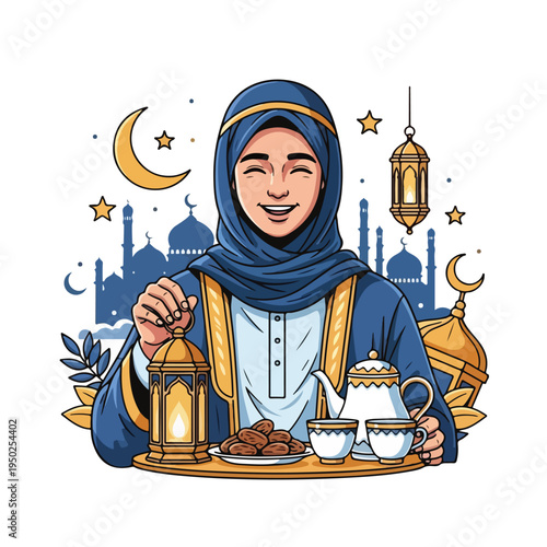 Happy Muslim woman enjoying traditional iftar meal with dates and tea