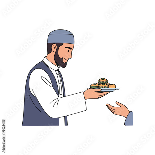 Man in traditional attire offering food on a plate to another person