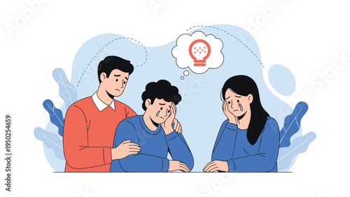 Group of three people looking very sad and disappointed as they sit together at a table with a broken lightbulb icon in a thought bubble.