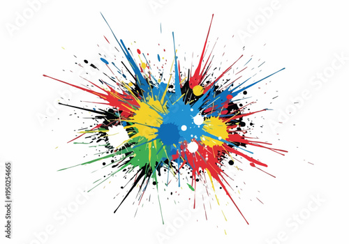 A vibrant burst of colorful ink splatters radiating outwards, creating a dynamic and energetic abstract explosion of paint