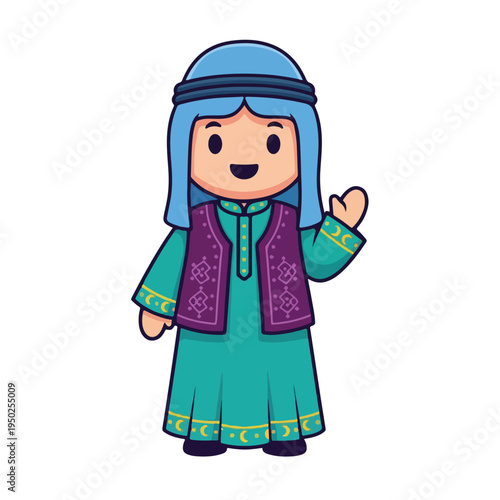 Cartoon character wearing traditional Middle Eastern clothing smiling and waving