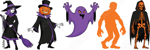 Cartoon illustration of witch pumpkin head ghost zombie and skeleton Halloween characters colorful spooky design suitable for decorations posters party themes and creative projects