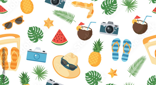 Vibrant summer seamless pattern with tropical vacation elements including cameras, sunglasses, pineapples, watermelons, coconuts, and palm leaves.