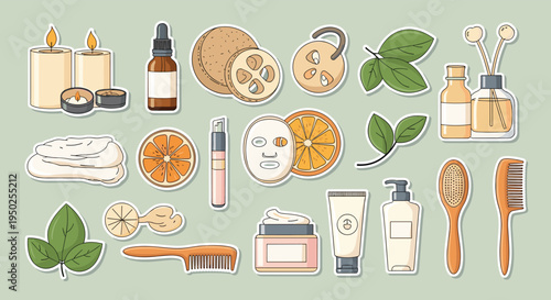 Beautiful collection of spa treatment and skincare stickers featuring candles, essential oils, face masks, loofahs, brushes, and citrus fruit.