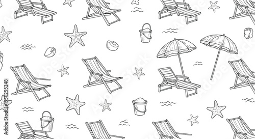 Relaxing beach theme seamless pattern illustrated with lounge chairs, sun umbrellas, starfish, and sand buckets on a clean white background surface.
