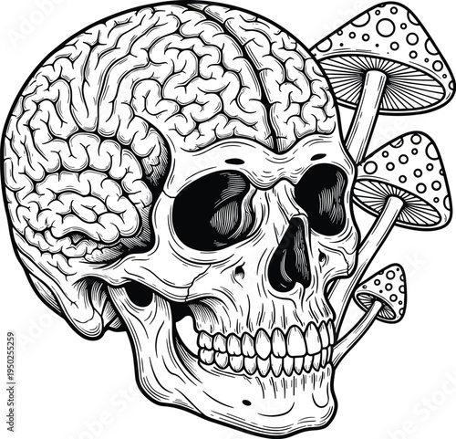 Detailed black and white illustration of human skull with exposed brain and psychedelic mushrooms surreal horror design suitable for gothic art fantasy posters and creative projects
