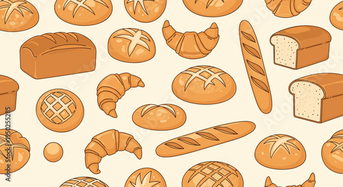 Delicious seamless pattern featuring a variety of baked goods including bread loaves, baguettes, croissants, and buns on a light cream background.