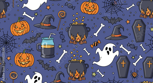 Spooky Halloween seamless pattern illustrated with pumpkins, ghosts, bats, witch hats, coffins, and cauldrons on a dark blue background for festive fun.