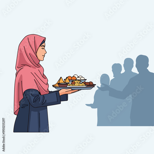 Woman in pink hijab offering food on tray to silhouettes