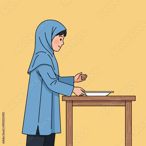 Woman wearing hijab standing at wooden table with plate