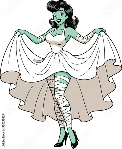 Stylized cartoon pin up mummy character with green skin vintage white dress bandaged arms and legs spooky Halloween design suitable for posters costumes and creative projects