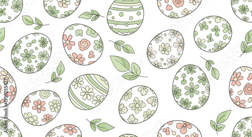 Charming Easter seamless pattern showcasing eggs decorated with floral and geometric designs among green leaves on a clean white background surface.