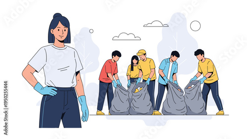 Team of young people wearing blue protective gloves and picking up litter in large grey bags to help keep the environment clean in a park.