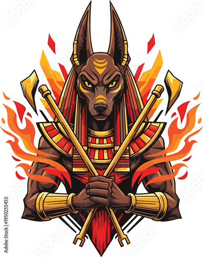 Stylized illustration of Anubis Egyptian god with jackal head crossed golden staffs flames and geometric shapes mystical design suitable for mythology fantasy and creative projects