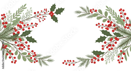 Elegant winter frame design composed of red holly berries, green evergreen branches, and pine needles on a clean white background for holidays.