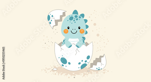 Sweet illustration of a tiny blue baby dinosaur with orange cheeks smiling as it hatches from a spotted egg on a soft cream background.