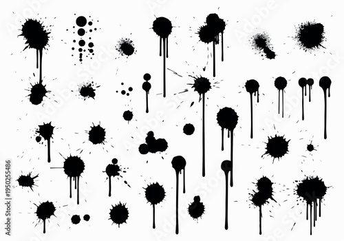 A Collection of Splattered Ink Drops and Artistic Blotches in Various Sizes on a White Background, Representing Chaos and Creativity