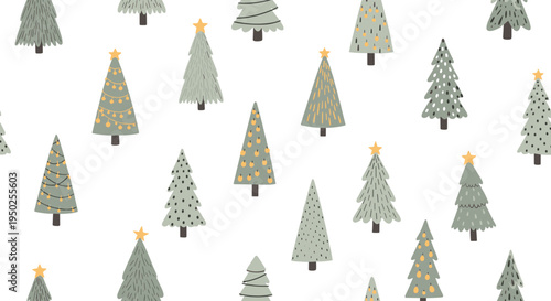 Charming winter seamless pattern featuring many different decorated Christmas trees with stars and lights on a clean white background surface.