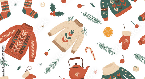Cozy winter seamless pattern illustrated with warm sweaters, socks, mittens, tea kettles, and snowflakes on a plain white background for holidays.