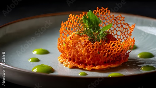 Gourmet Ravioli with Orange Coral Tuille and Green Herb Oil Puree on Elegant Plate