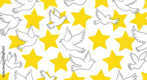 Peaceful seamless pattern depicting flying white doves among many bright yellow stars scattered across a plain white background for hope themes.