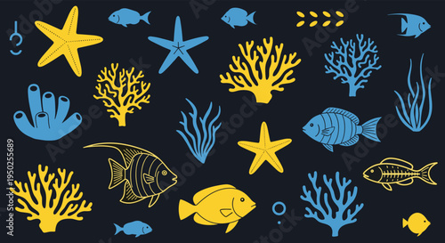 Beautiful collection of marine life illustrations including diverse fish species, colorful coral, starfish, and seaweed on a dark blue background.