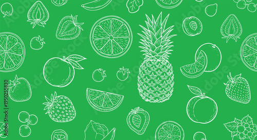 Fresh seamless pattern featuring white line drawings of diverse fruits like pineapples, oranges, and strawberries on a bright green background.