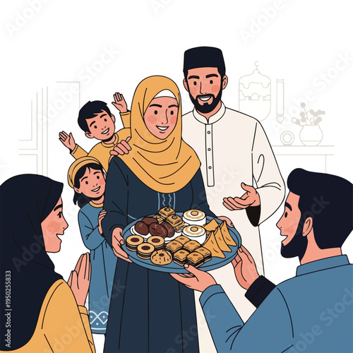 Muslim family sharing traditional food during festive occasion gathering