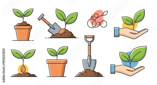 Set of gardening and planting illustrations showing sprout growth in pots, hands holding seedlings, and shovels for horticultural projects.