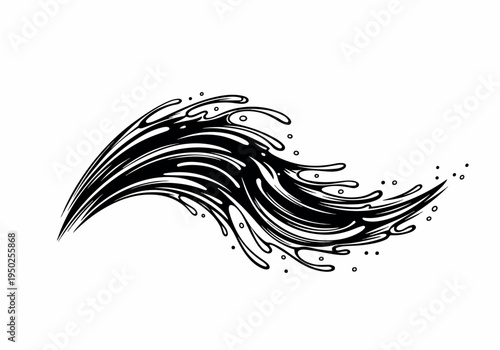 Abstract Black Ink Splash Motion Design Element with Dynamic Curves and Droplets, Symbolizing Fluidity and Energy, Ideal for Artistic and Modern Visuals