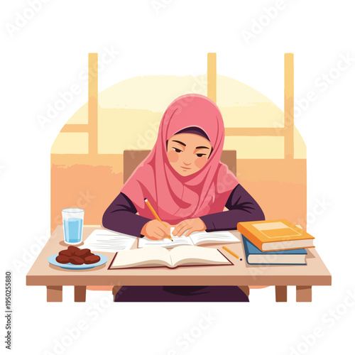 Young girl in pink hijab studying with books and food on table