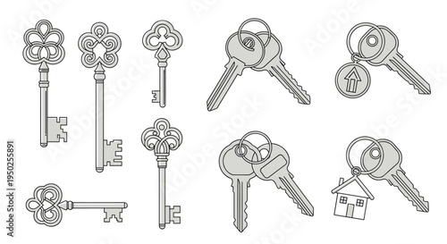 Assorted vintage and modern keys including decorative antique designs and sets on keyrings with house and arrow shaped tags.