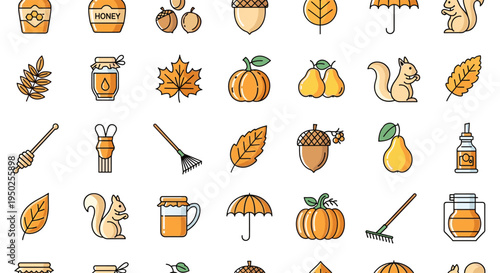 Comprehensive collection of autumn icons featuring honey jars, acorns, fallen leaves, pumpkins, squirrels, and seasonal garden maintenance tools.