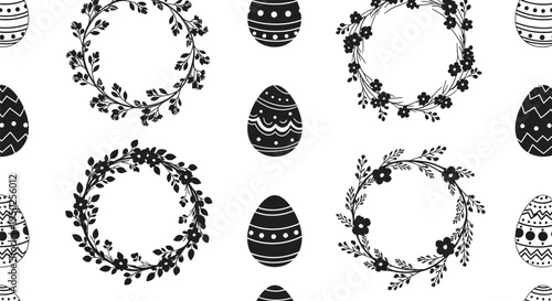 Seamless vector graphic pattern with decorative Easter eggs and elegant floral wreaths for spring holiday design.