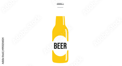Minimalist illustration of a yellow beer bottle with a white circular label and bold black text against a clean white background.